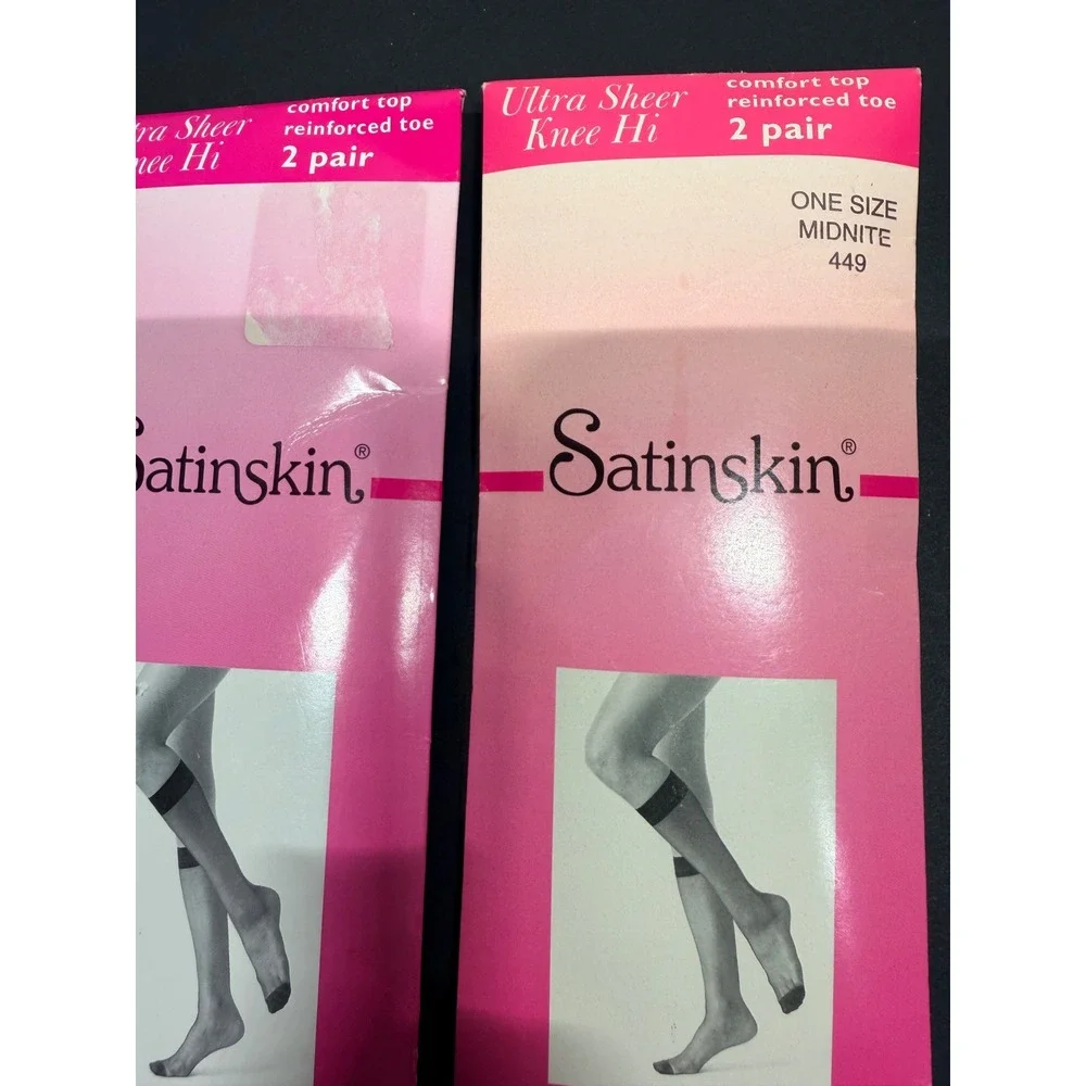 2 Satinskin Ultra Sheer Knee Hi 2 Pair Pack Midnite Black Reinforced Toe One Sz